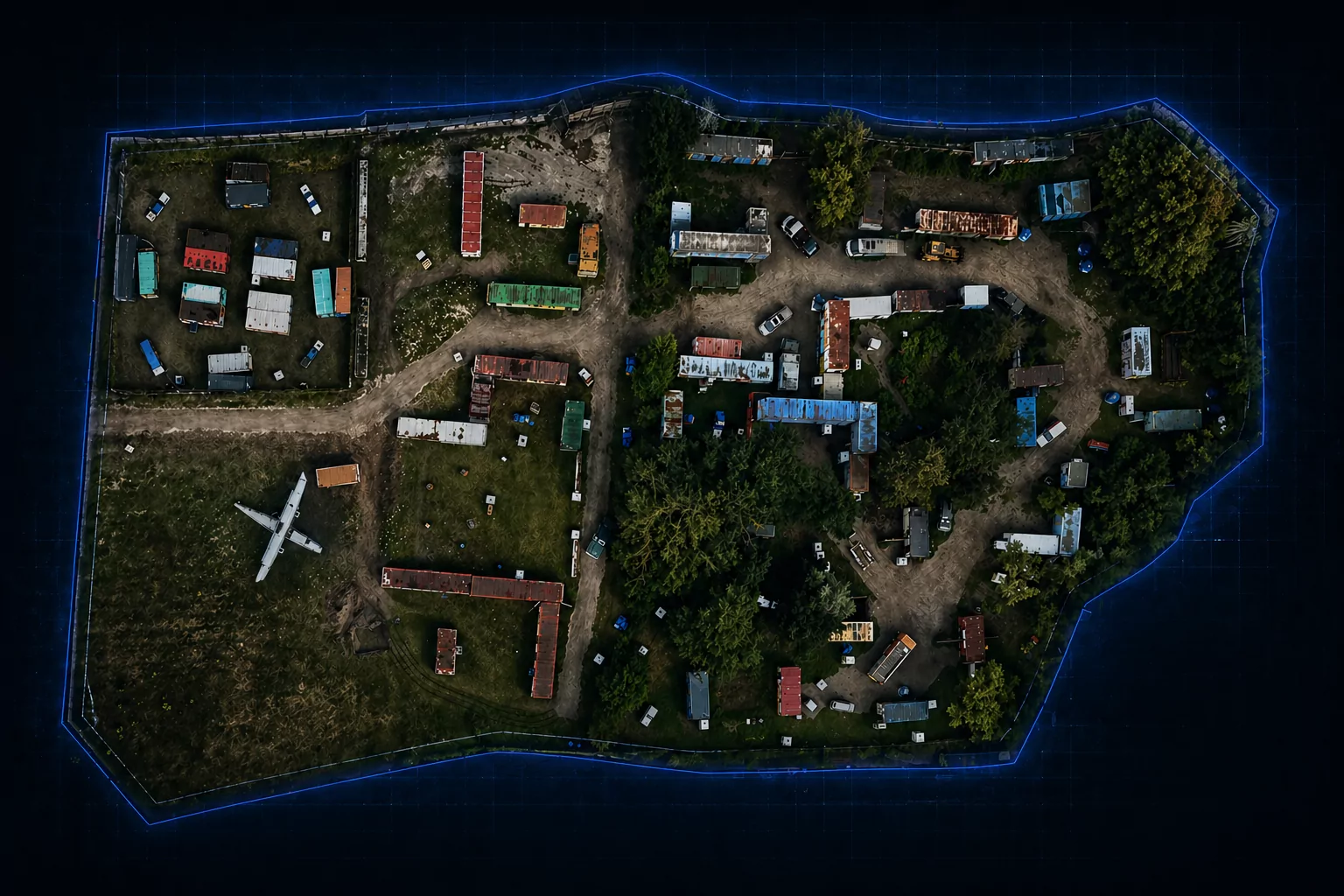 Oversigtskort over Badlands E01 airsoft banen