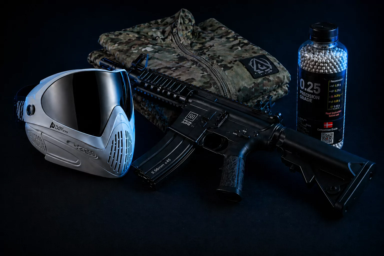 Airsoft lejepakke med maske, gevær og kugler